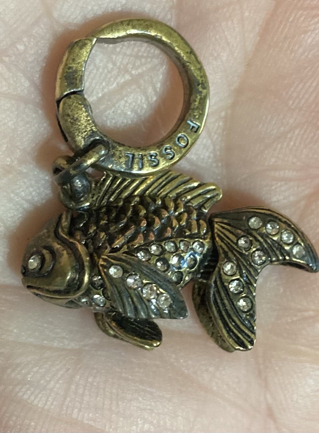 RARE Fossil Brand Vintage Articulated Fish Charm Pendant Brasstone Rhinestones