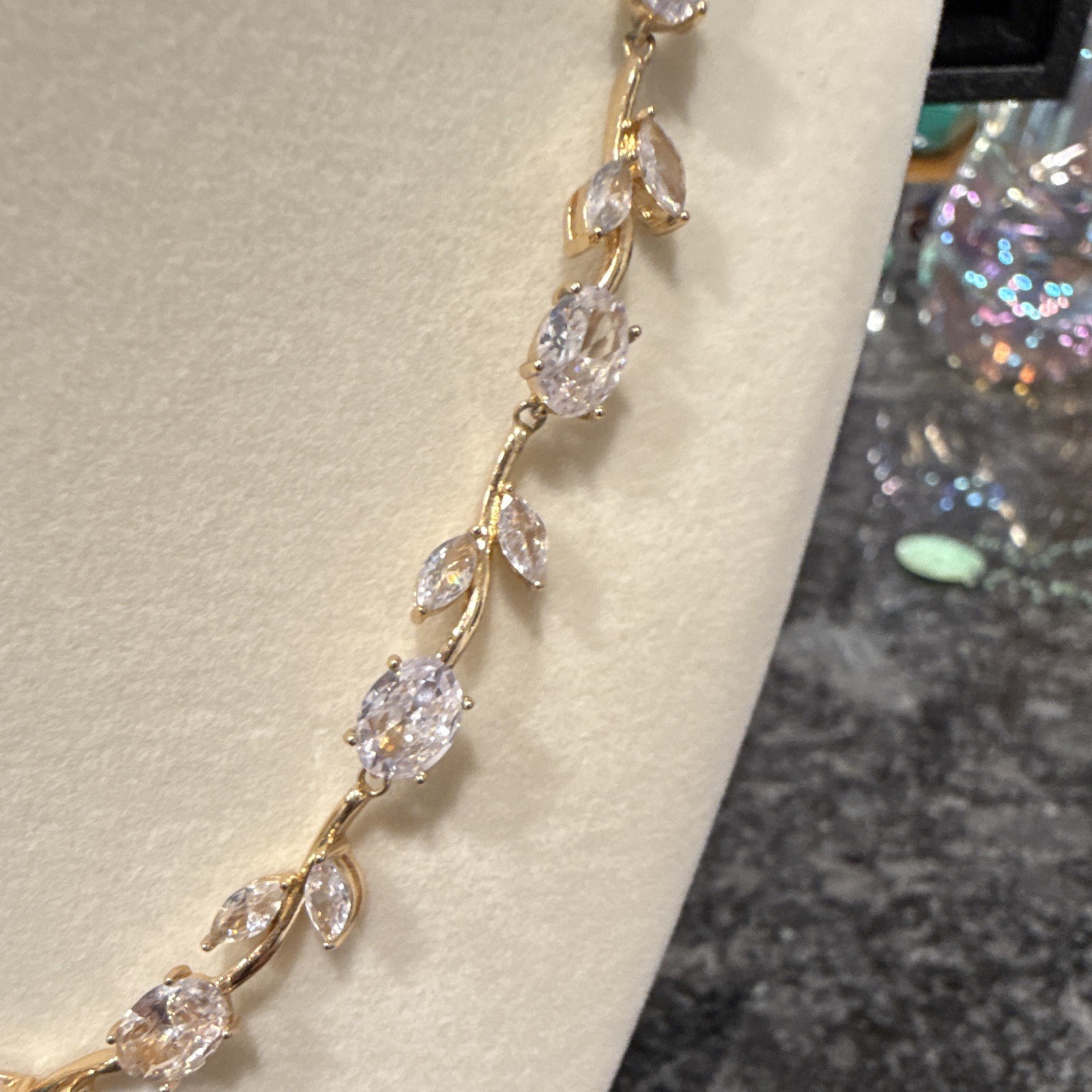 Signed Gold Plated Tennis Necklace Crystal Oval/Marquise Round Link