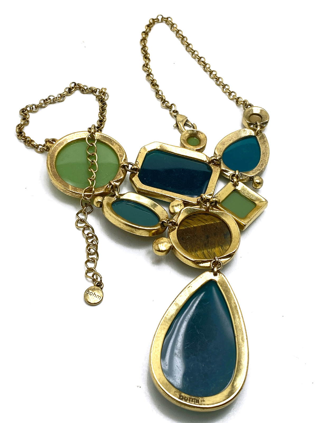 Colorful Bold Statement Necklace BOHM Faceted Glass Teal Blue Green Brown