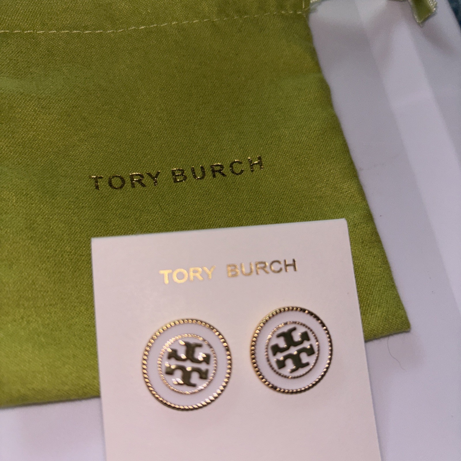 Tory Burch Round Logo Stud Earrings Gold Tone Metal