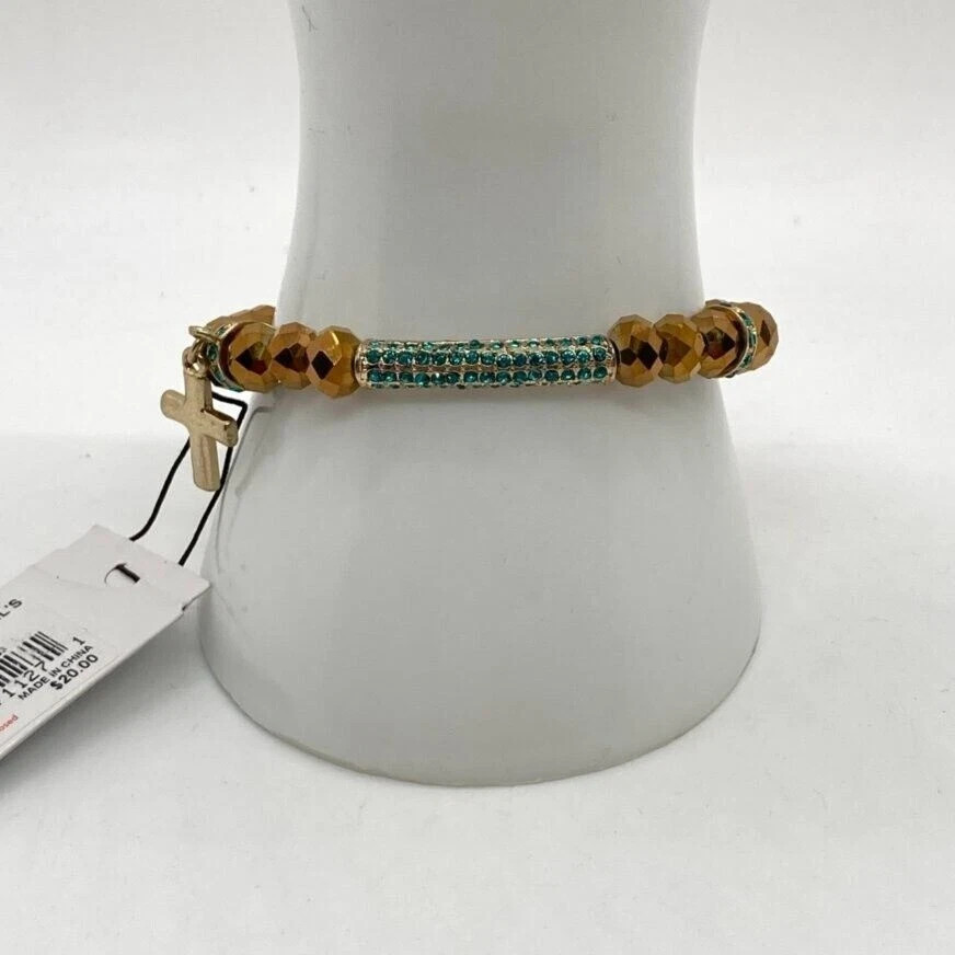 APT. 9 Gold Tone Stretch Bracelet with Faceted Beads & Green Pave Cross Charm