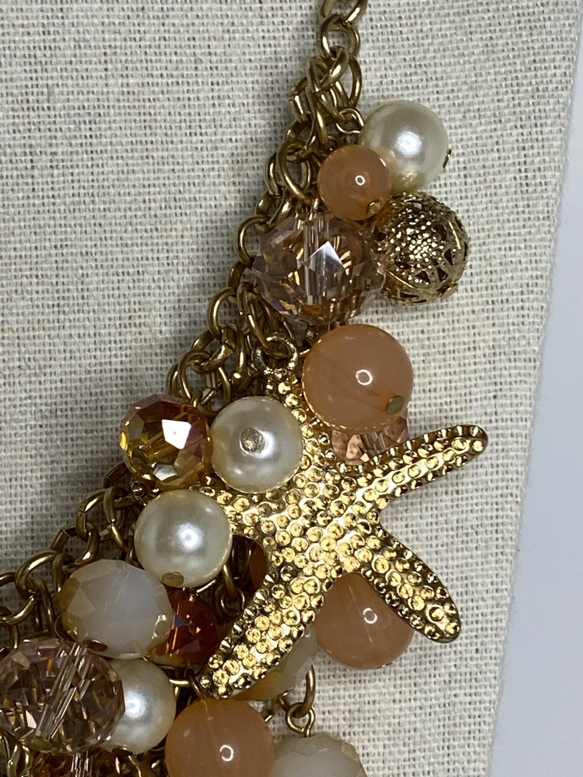 Coastal Statement Bib Necklace Shell Starfish Beaded Cha Cha Faux Pearls Charms