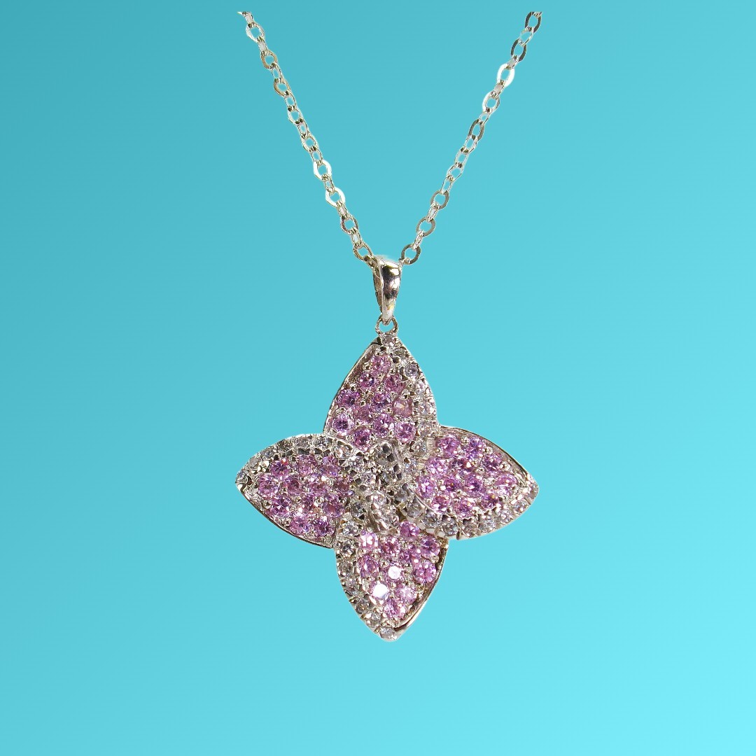 Pink and clear crystal flower pendant necklace in a silver setting 1″ x 1″ New