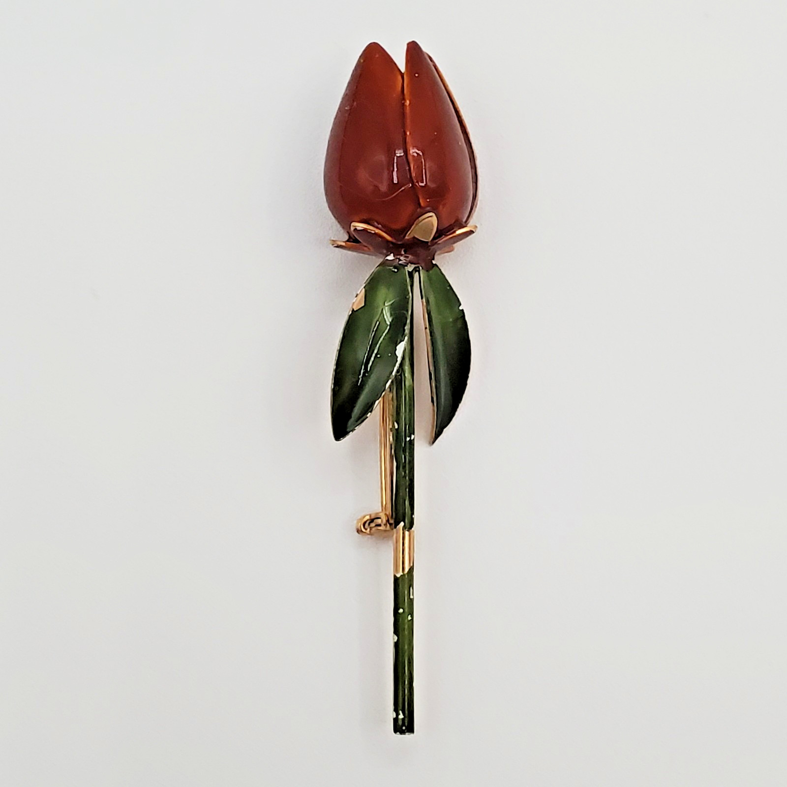 VTG Tulip Brooch 3in Brown Green Enamel Flower Stem Estate Parts Restore FLAW