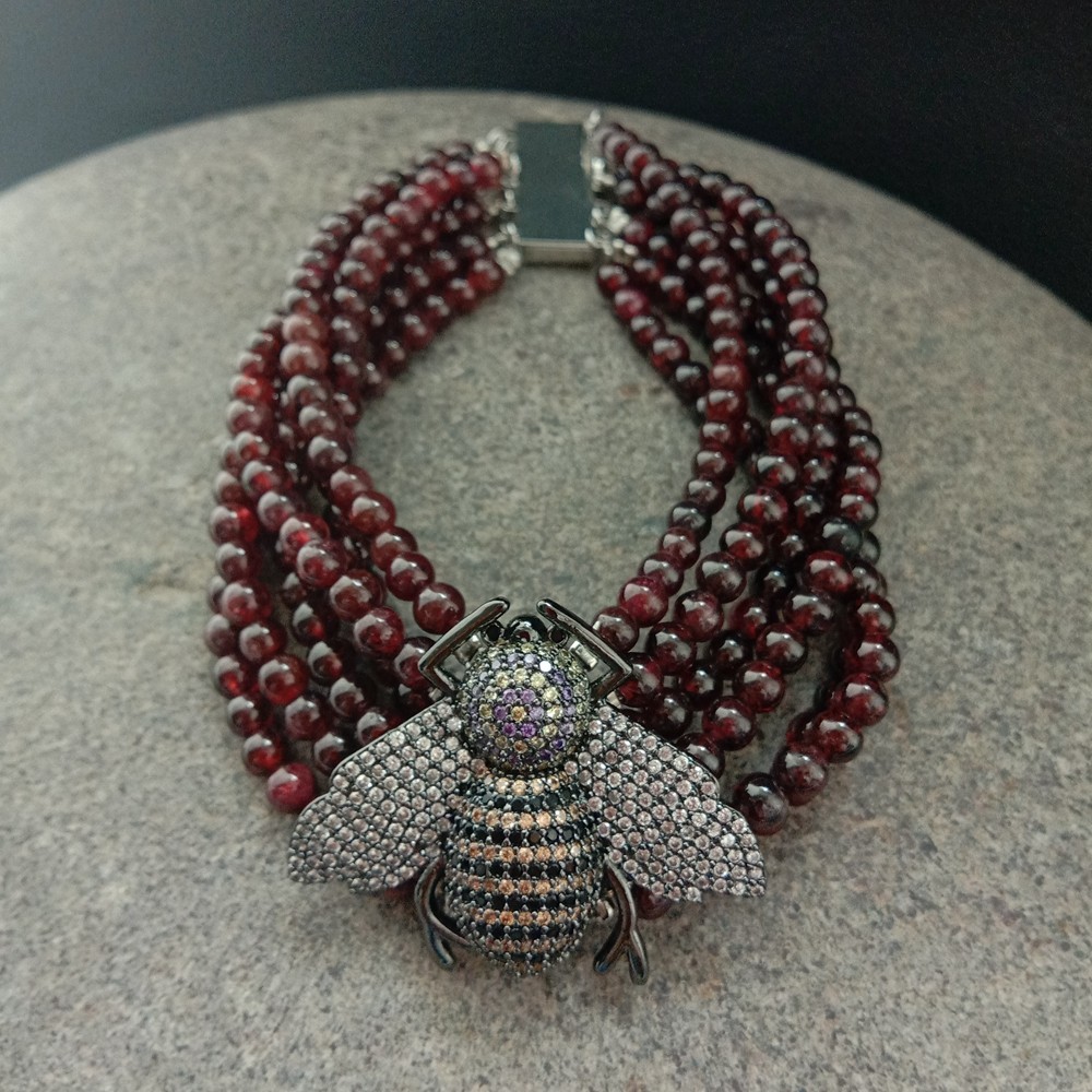 8″  6 Rows Natural Round Garnet Bracelet Cz pave Bee Connector