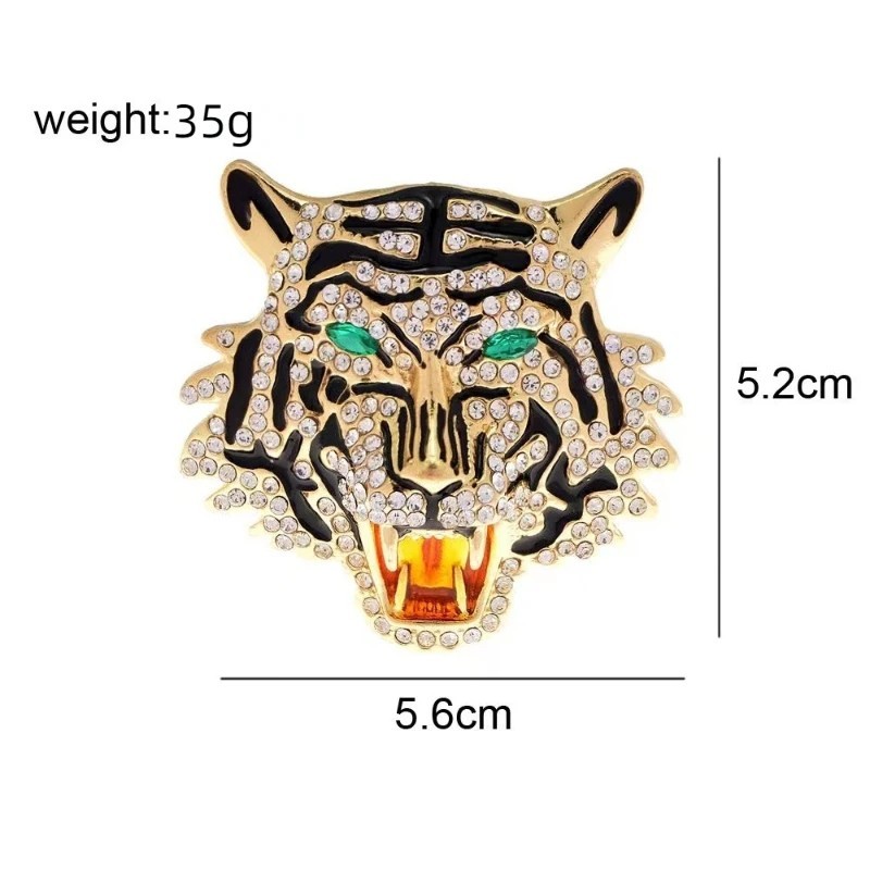 Statement Tiger Head Roaring Brooch Pin Pendant Gold Tone Rhinestone Black Ename