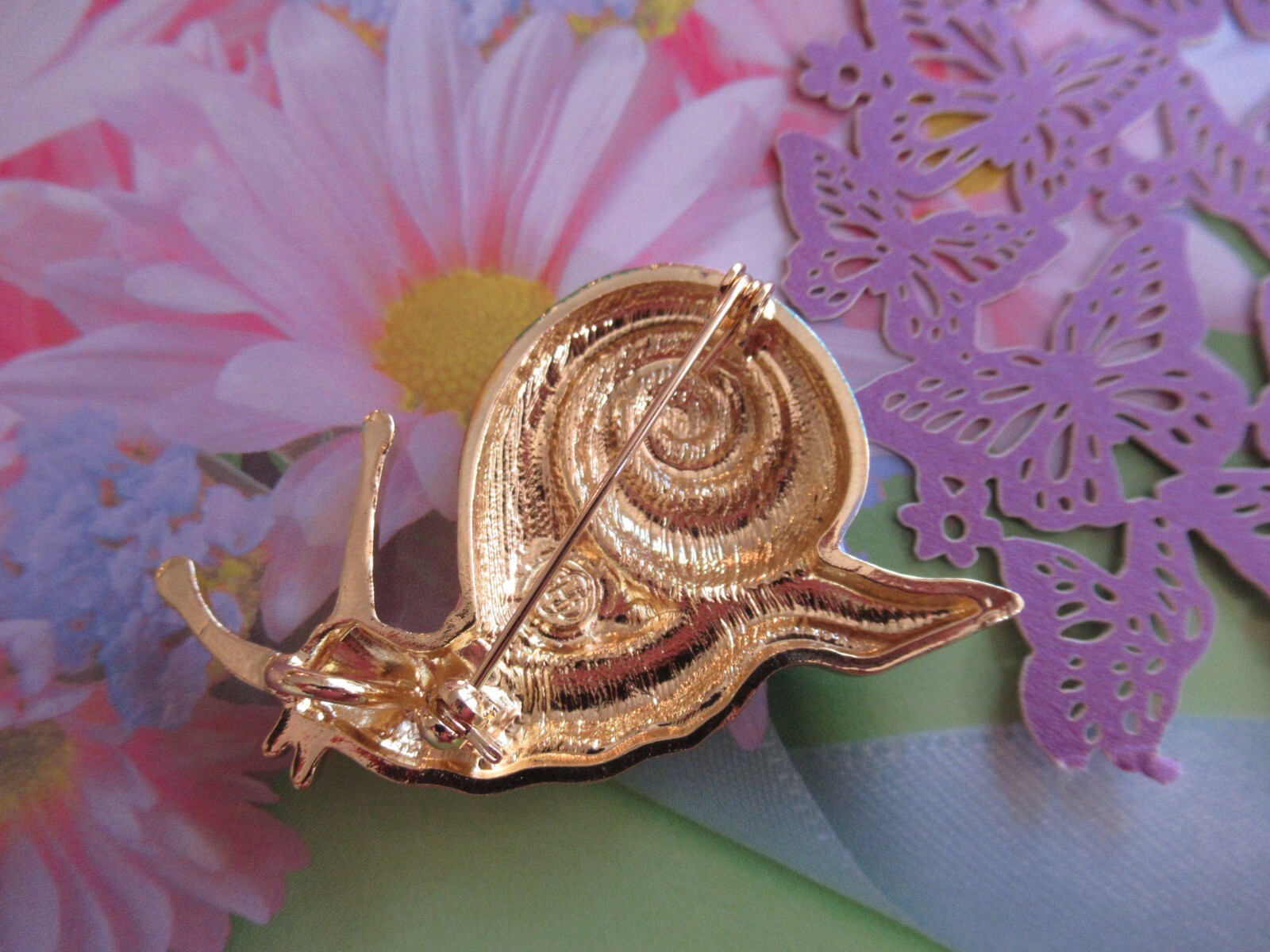 Beautiful Rainbow Enamel Snail Brooch 2″ Long Gold Tone Brooch NEW