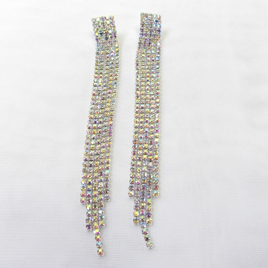 Long Silver Iridescent Rhinestone Sparkle Strand Earrings Wedding Prom #3122