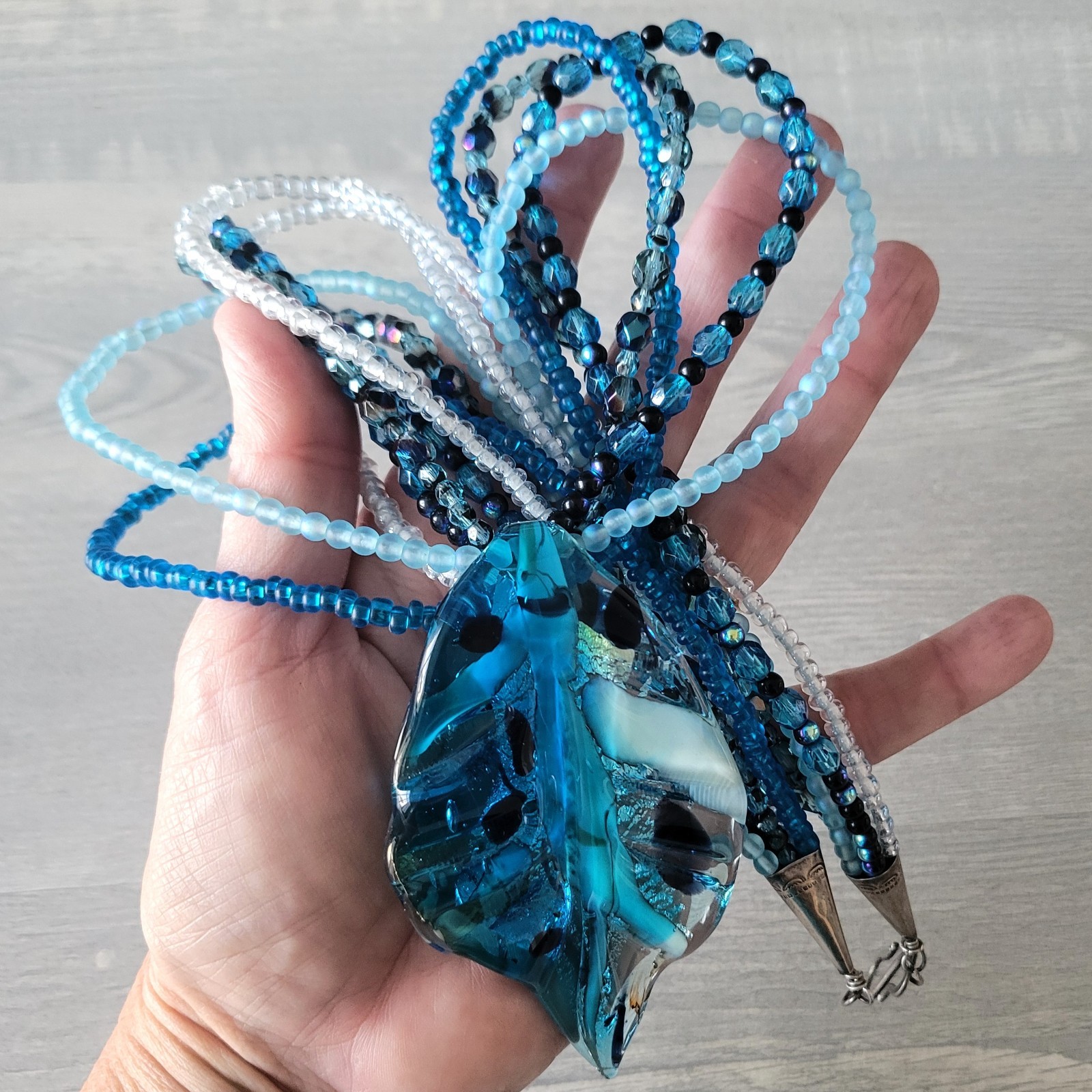 Murano Italian Glass Large Pendant Bead Necklace 925 Clasp Blues * BEAUTIFUL *