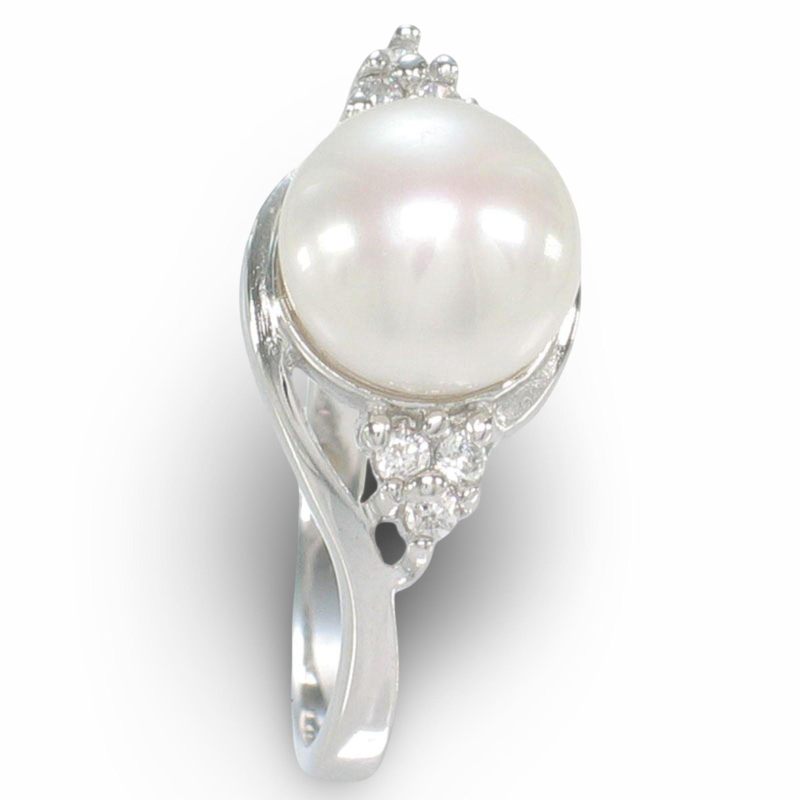 Solid 925 Silver White Cultured Pearl Ring w/ Cubic Zirconia Crown Accents – TPJ