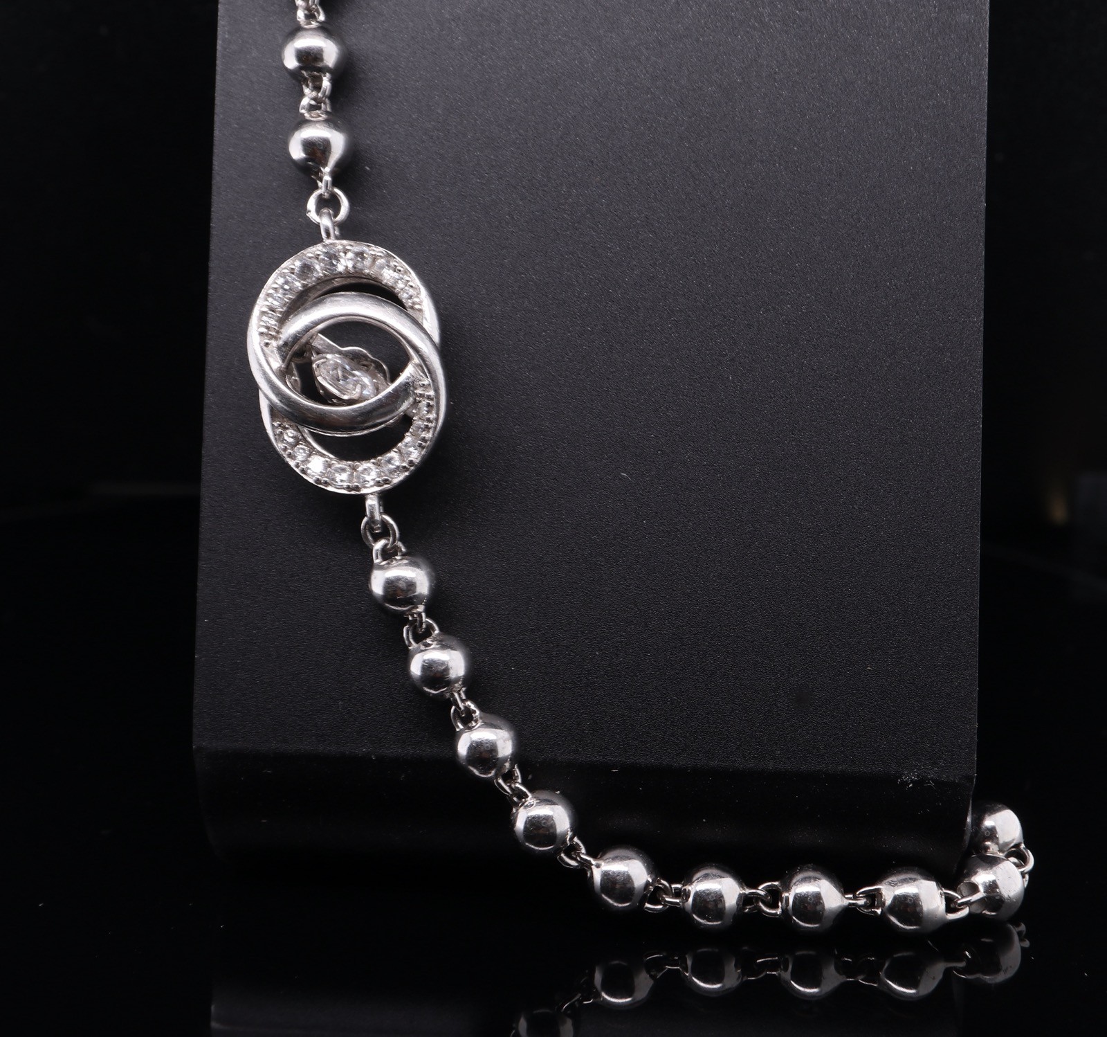 Vintage Sterling Silver & Cubic Zirconia 18.5cm Beaded Bracelet