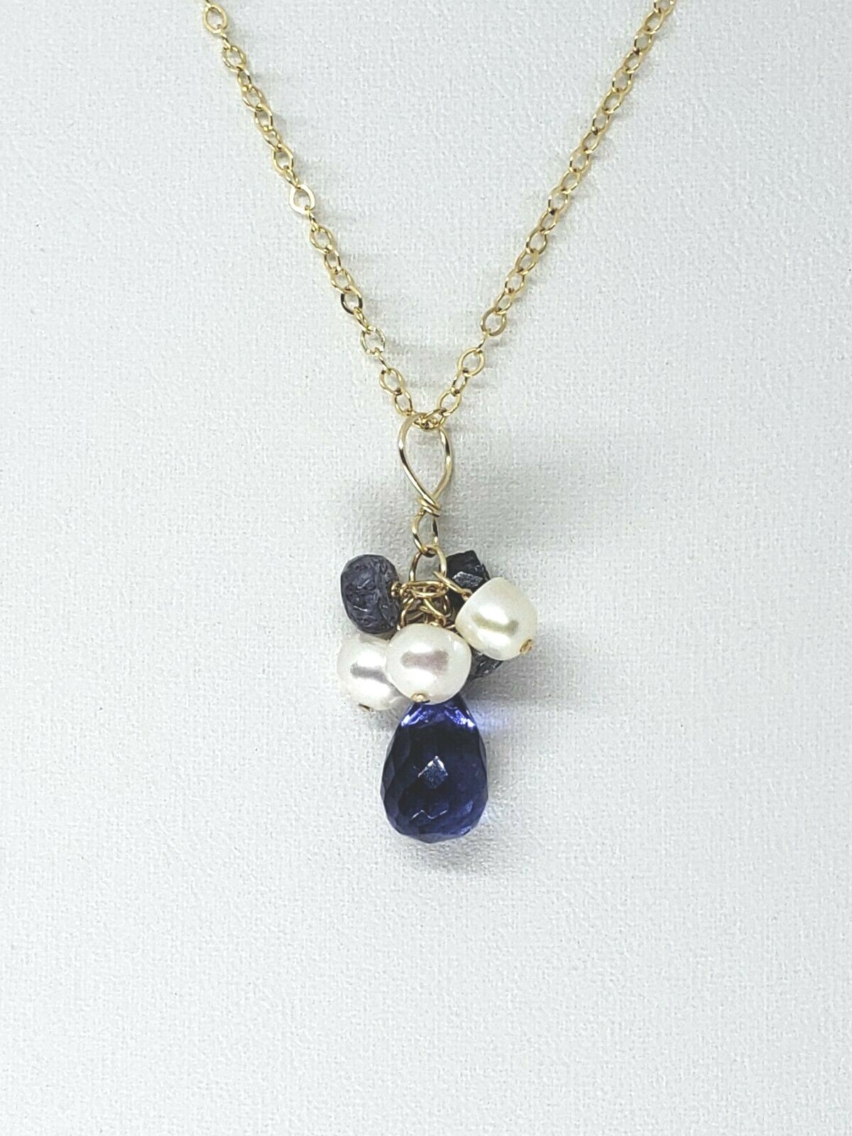 14k Yellow Gold Tanzanite Briolette and White Freshwater Pearl Pendant