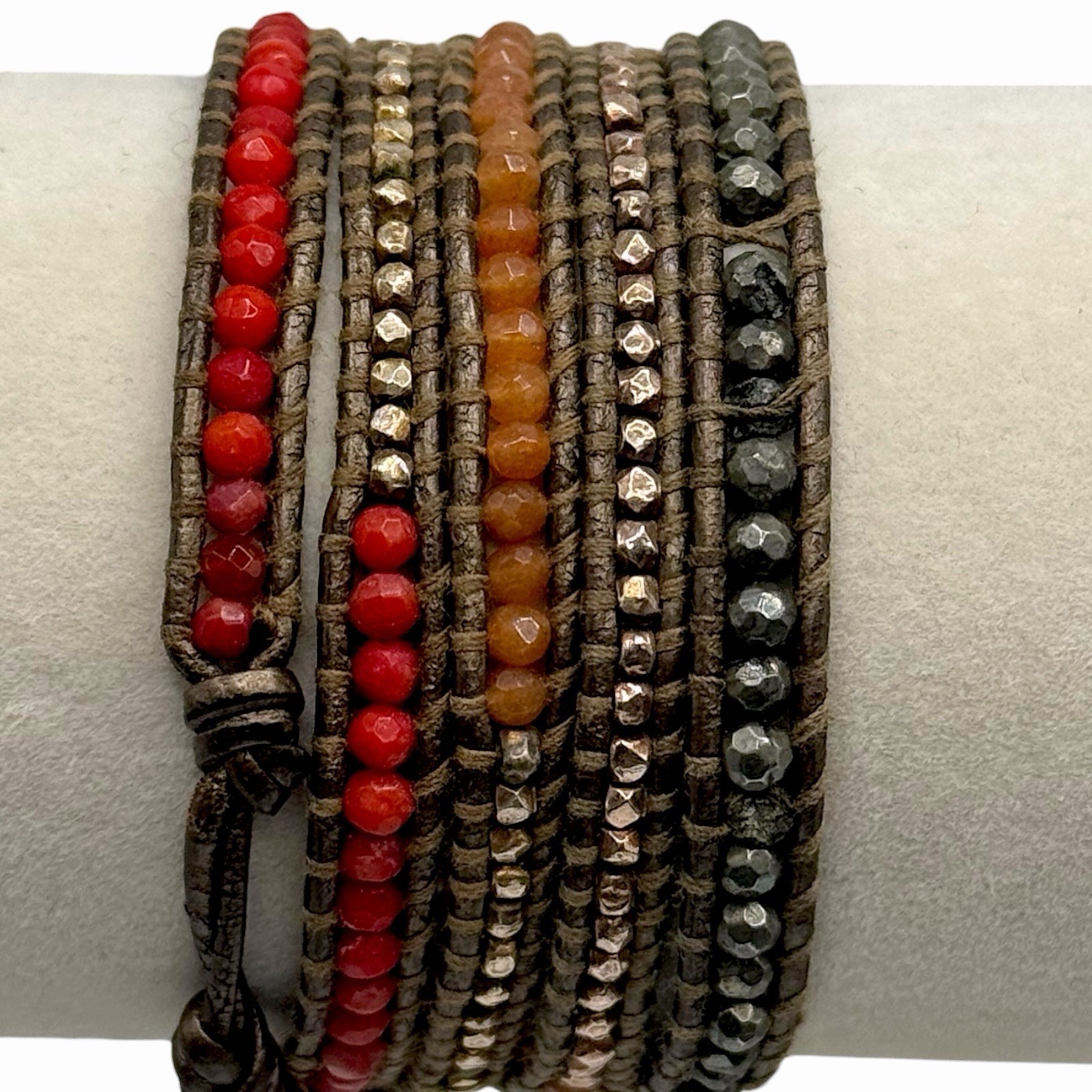 Chan Luu Red Coral Bronze Crystal Multi Wrap Leather Bracelet Adjustable