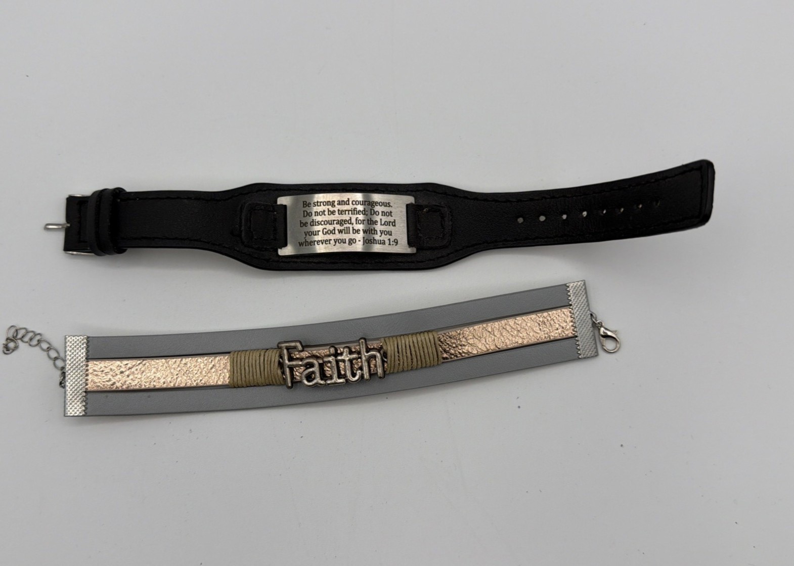 2pc Religious Bracelet Lot Faith Charm & Bible Verse Leather Adjustable