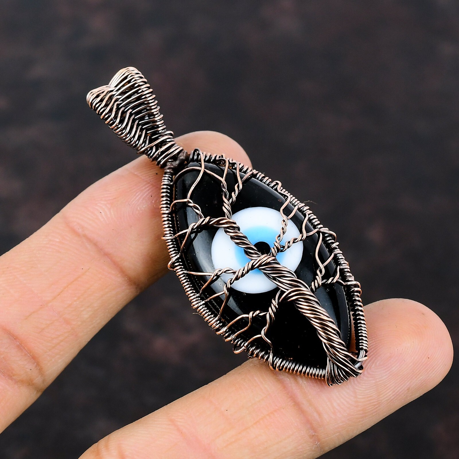 Black Color Evil Eye Copper Love Gift Wire Wrapped Tree Of Life Pendant 2.56″
