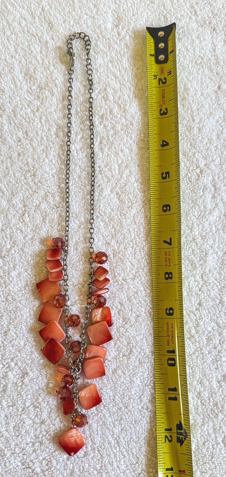 Red Y Drop Necklace Square Red Lucite Beads Silver Toned Chain Croft n Barrow
