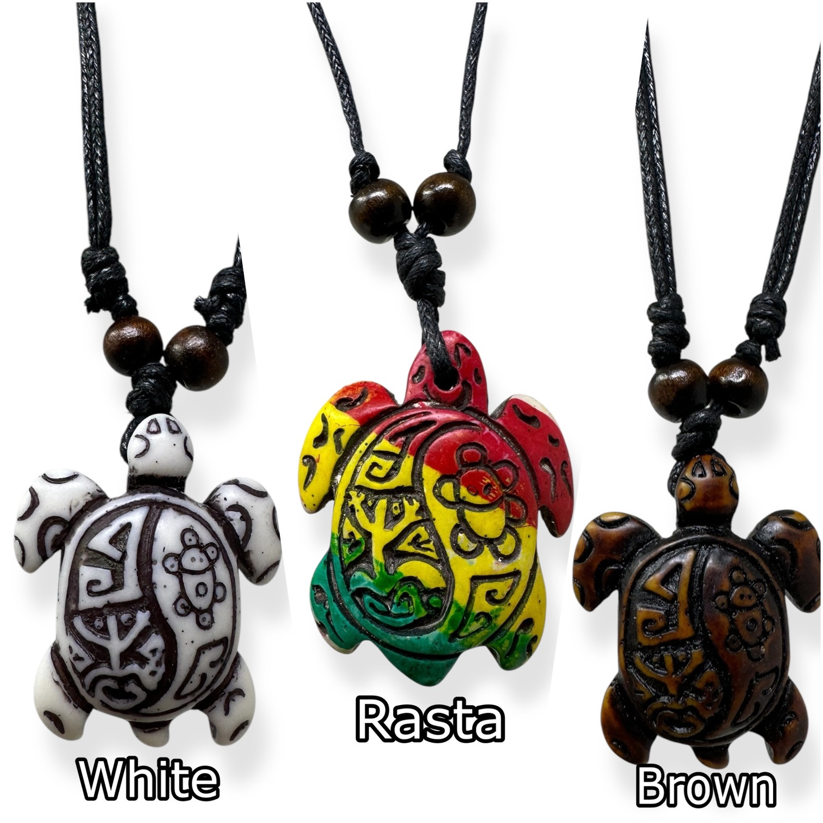 Handmade Turtle Pendant Necklace – Rasta (Hand-Painted), White, Brown – Taino