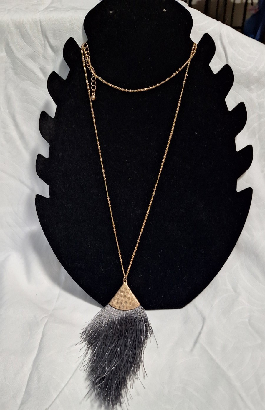 Gold Tone Cable Chain Necklace Triangle Tassel Pendant Gray Fringe Adjustable