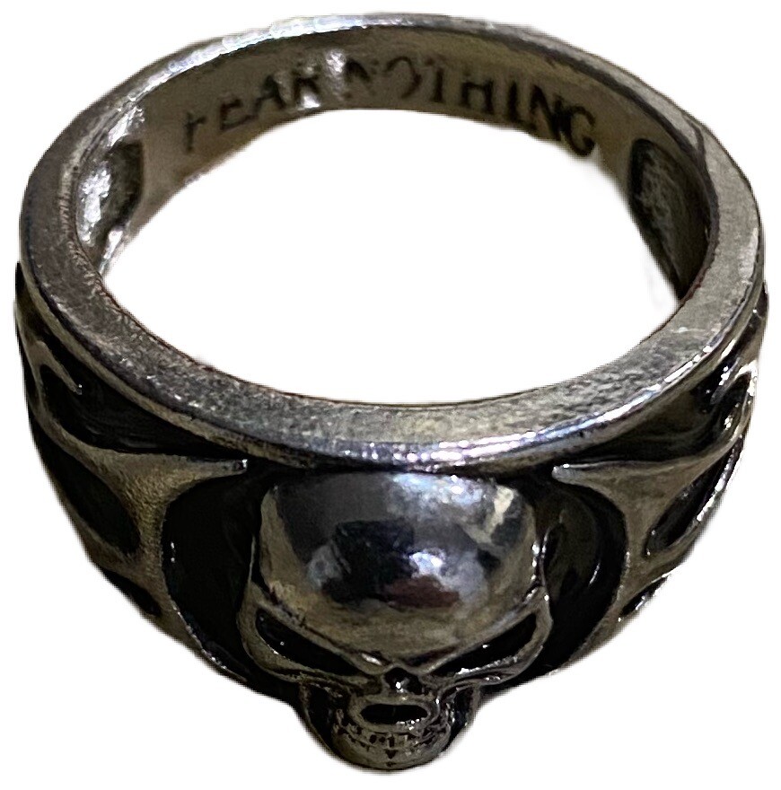 Unisex Punk Biker Goth Style Skull Flames Black Inlay Fear Nothing Ring Sz 11
