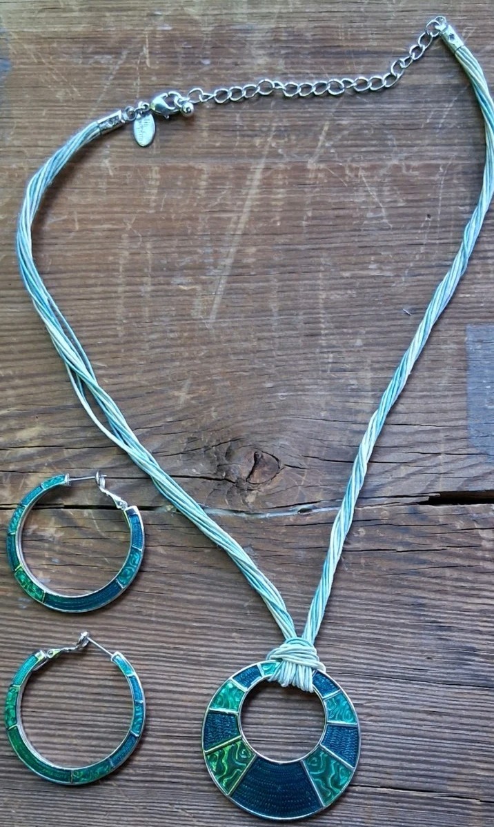 Lia Sophia Versailles Necklace Earring Set Teal Green Blue Enamel Geometric Cord