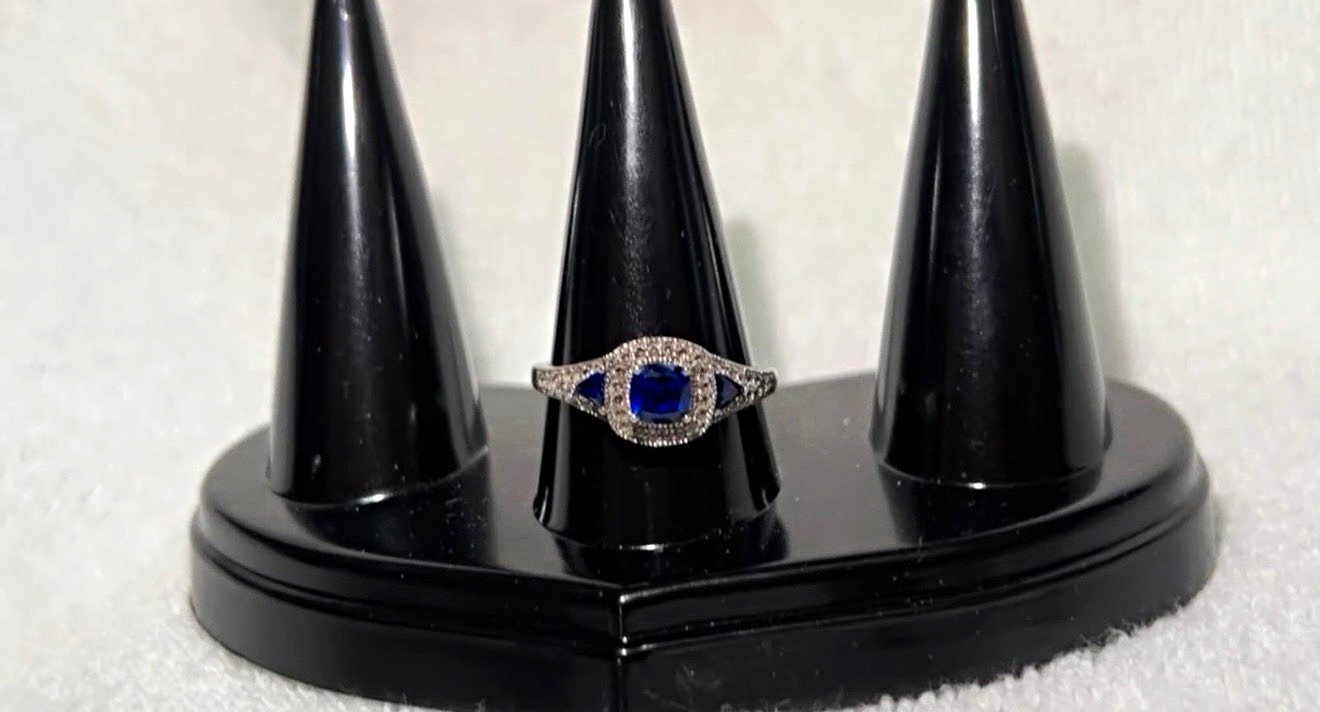 Previously Owned Cushion-Cut Lab-Created Blue and White Sapphire Frame Ring
