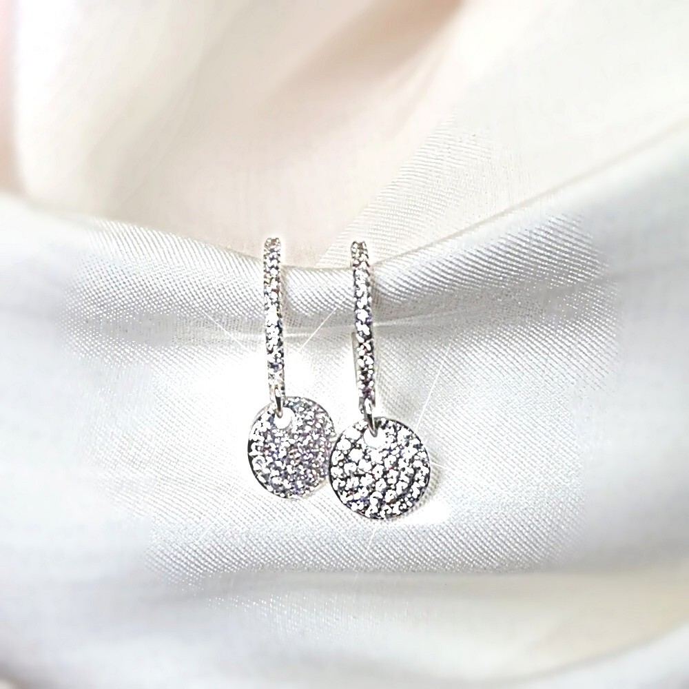 Pave set disc made with SWAROVSKI crystal 18k white gold gf open hoop earrings