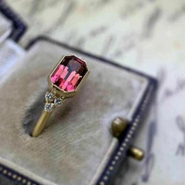 Share 3Ct Emerald Cut Lab Created Pink Tourmaline Wedding Ring 14K Yellow Gold