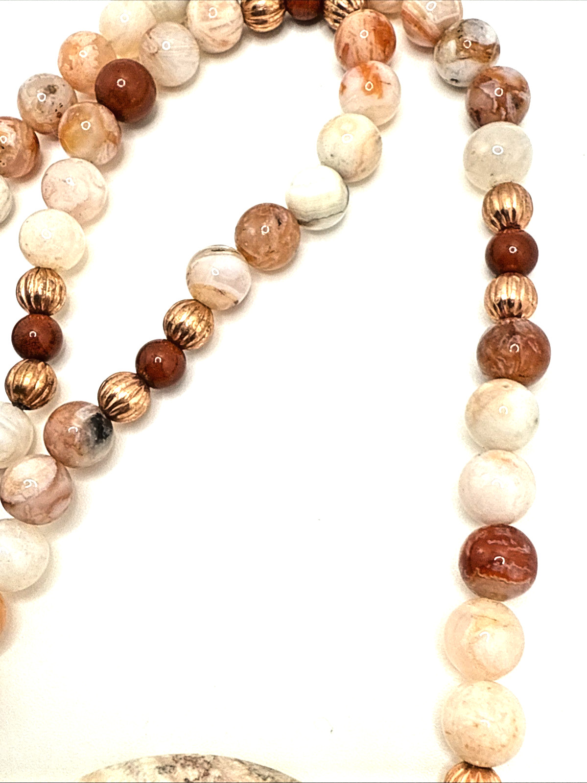 Artisan Pink Rosetta Jasper Necklace Beaded Moss Agate Stone Pendant Boho 23″