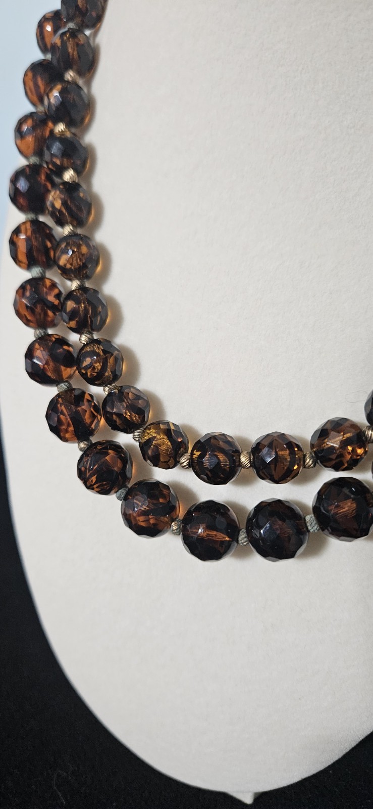 Double Strand Rootbeer Colored Glass Statement Necklace with Hook Closure