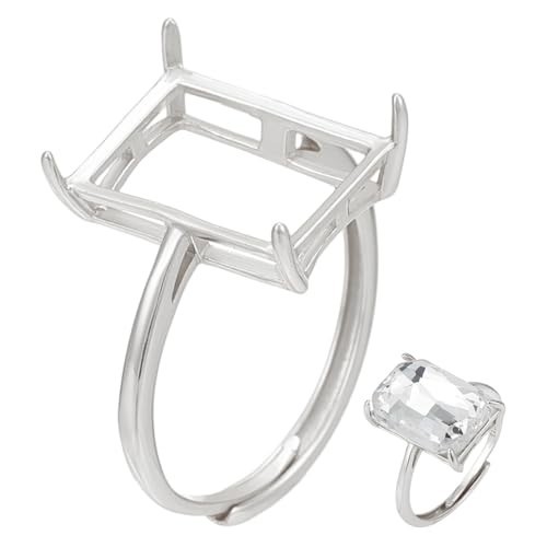 Adjustable 12x8mm Rectangle Prong Ring Settings, Platinum Plated 925 Silver, Jew
