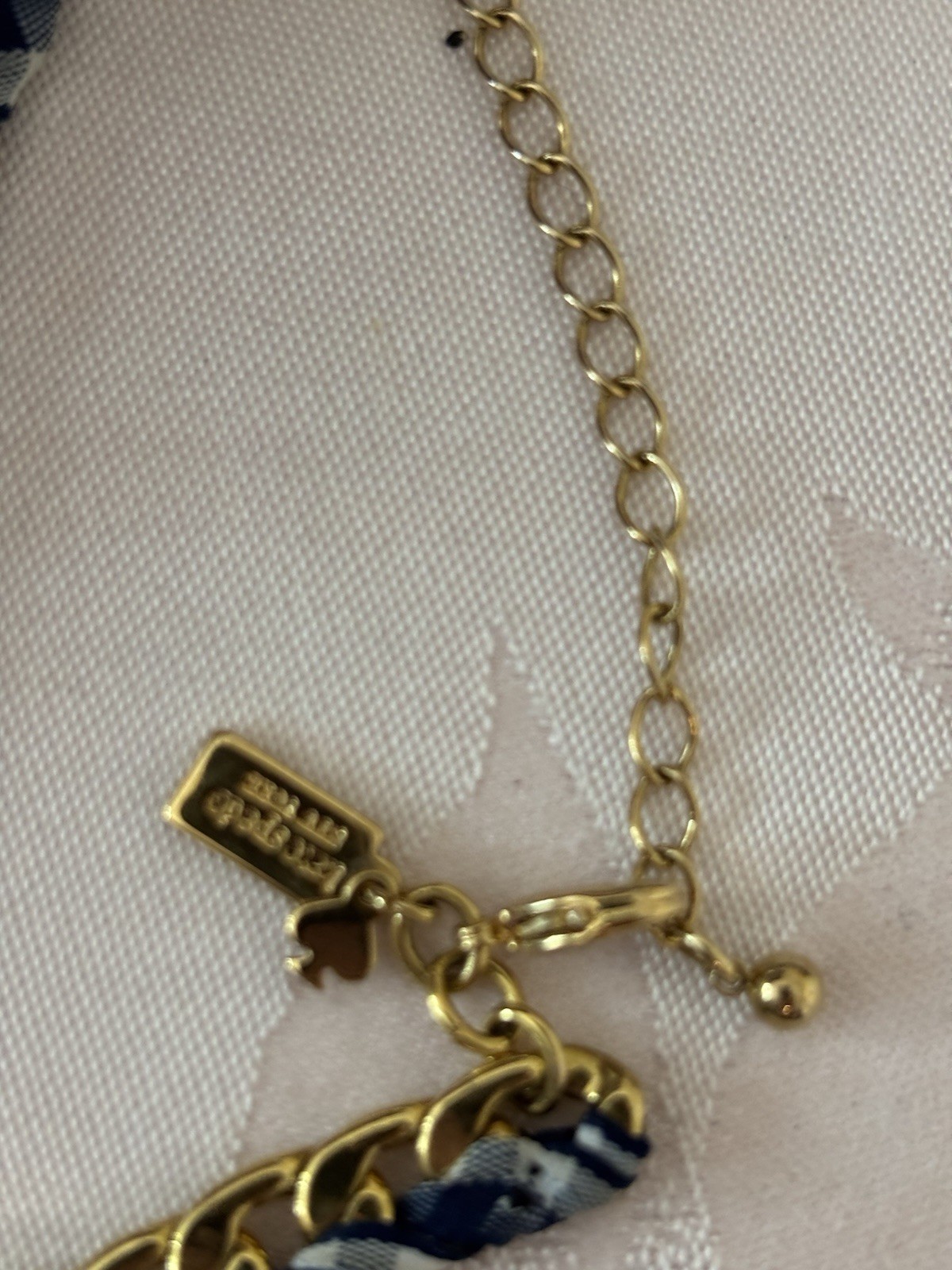 Kate Spade Gold-Tone Cable Chain Cream Imitation Pearl Blue Ribbon Necklace