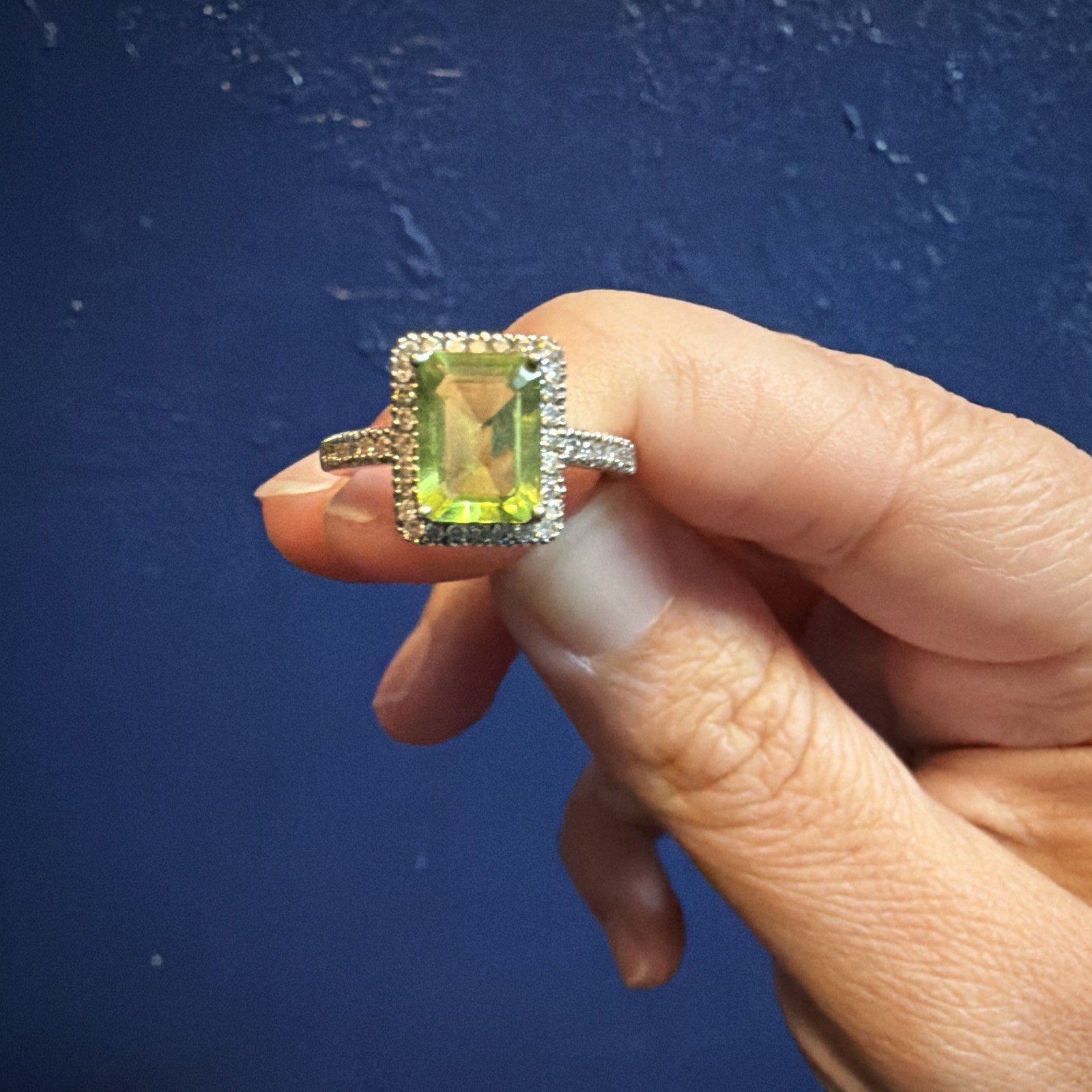 Emerald-Cut Green Stone Halo Cocktail Ring Silver-Tone, Size 7