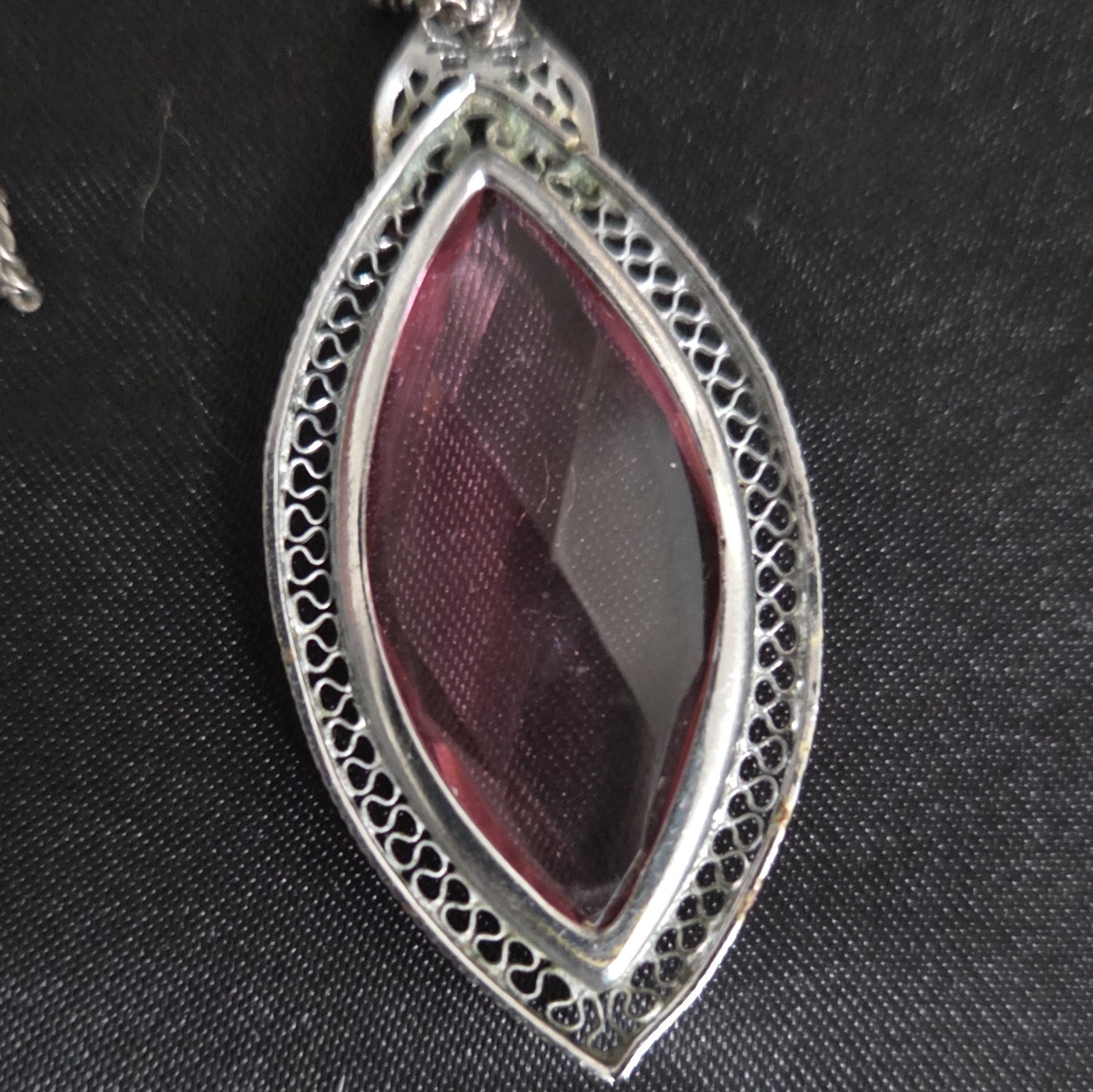 Silver Tone Box Chain Necklace Pink Marquise Crystal Pendant Bezel Lobster