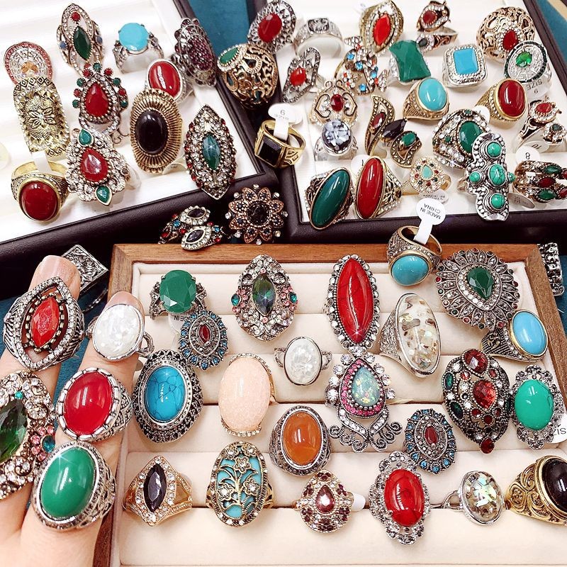 50PCS Bohemian Ring For Women Random Mixed Turquoise Jewelry Bulk Lot