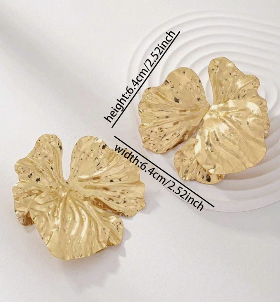 Zara Flower Earrings Hammered Gold Petal Stud Statement Exaggerated Textured