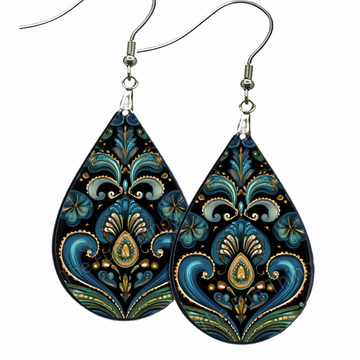 Russian Art Blue Gold Earrings Teardrop Dangle Wood Handcrafted Fashion Jewelry