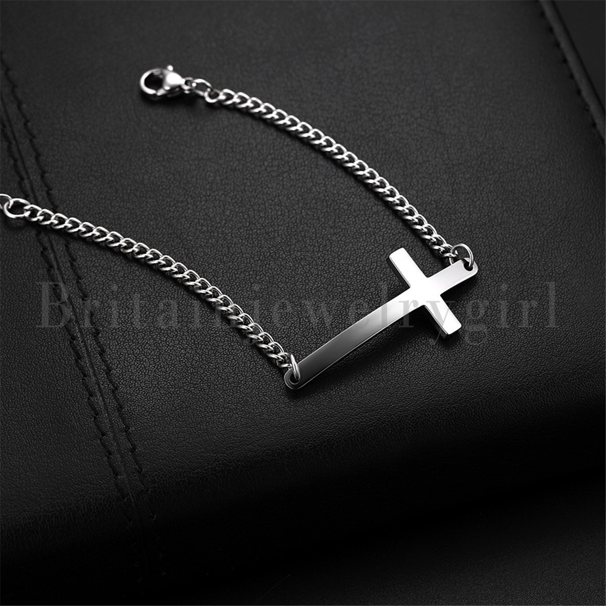 Stainless Steel Polished Cross Chain Cuff Bracelet for Women Girls Fit 6.5″-8.5″