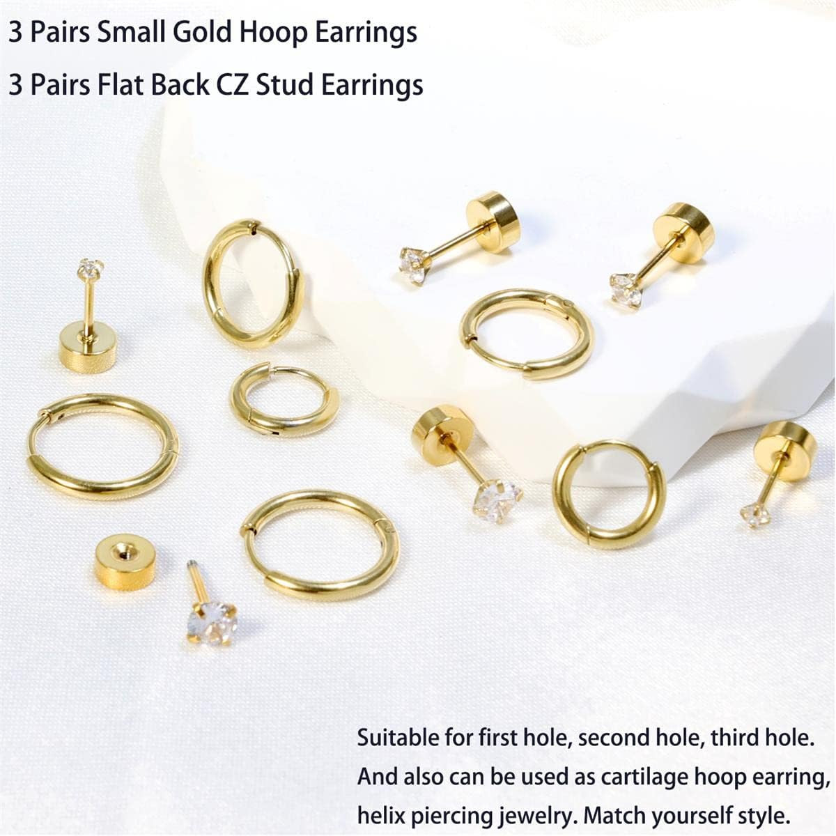 Dainty 6 Pairs Surgical Steel Earrings Sets for Multiple Piercing, Lightweight 1