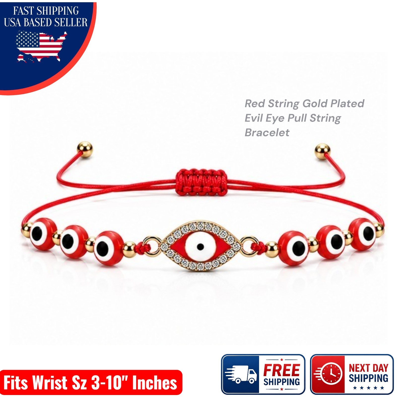 Evil Eye Protection Bracelet Kids Adults Red Nazar Bead Adjustable Gold Tone