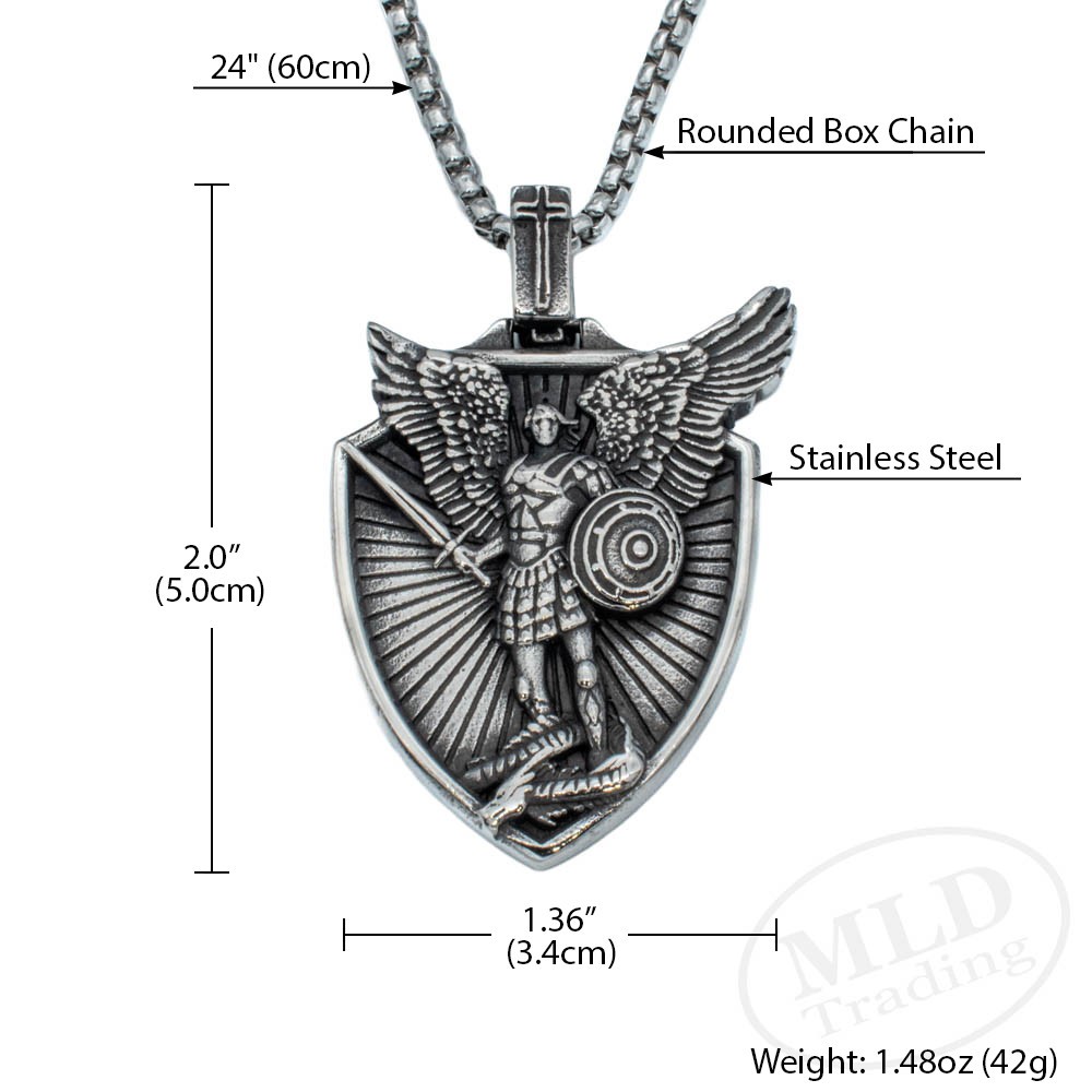 Saint St Michael Shield Pendant Necklace – Stainless Steel Archangel 24″ Chain
