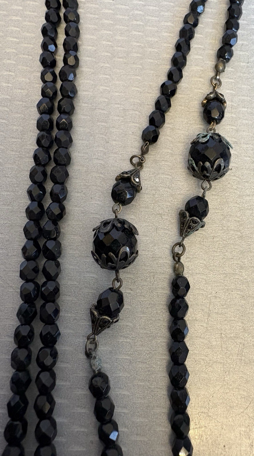 Vintage SWEET ROMANCE USA Victorian Revival Black Glass Bead Brass Necklace 42”