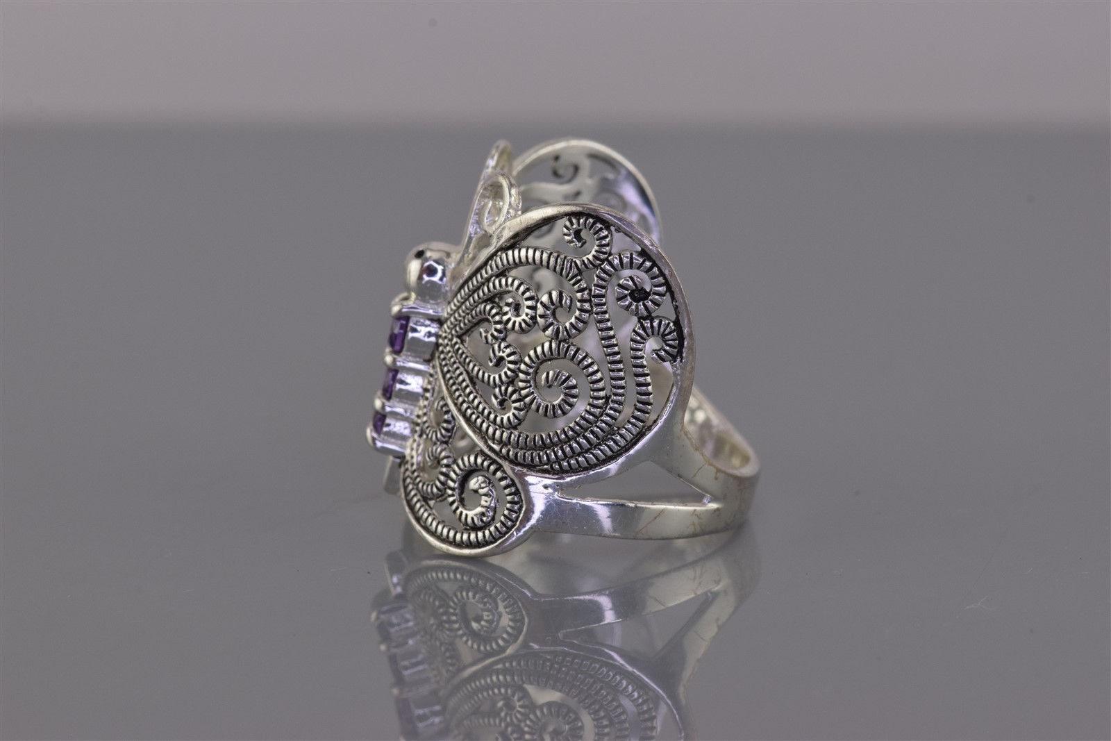 Sterling Silver 21mm Purple Amethyst Butterfly Winged Band Ring 925 Sz: 8
