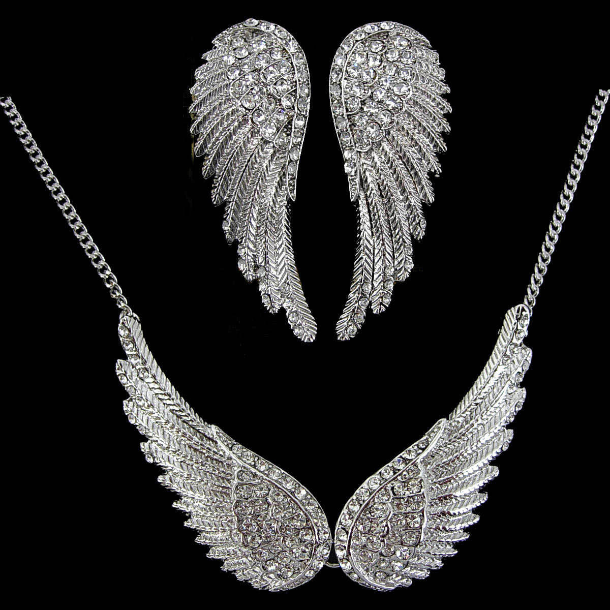 5.5cm Big Angel Wing Austria Crystal White Gold-plated Necklace Earrings Set