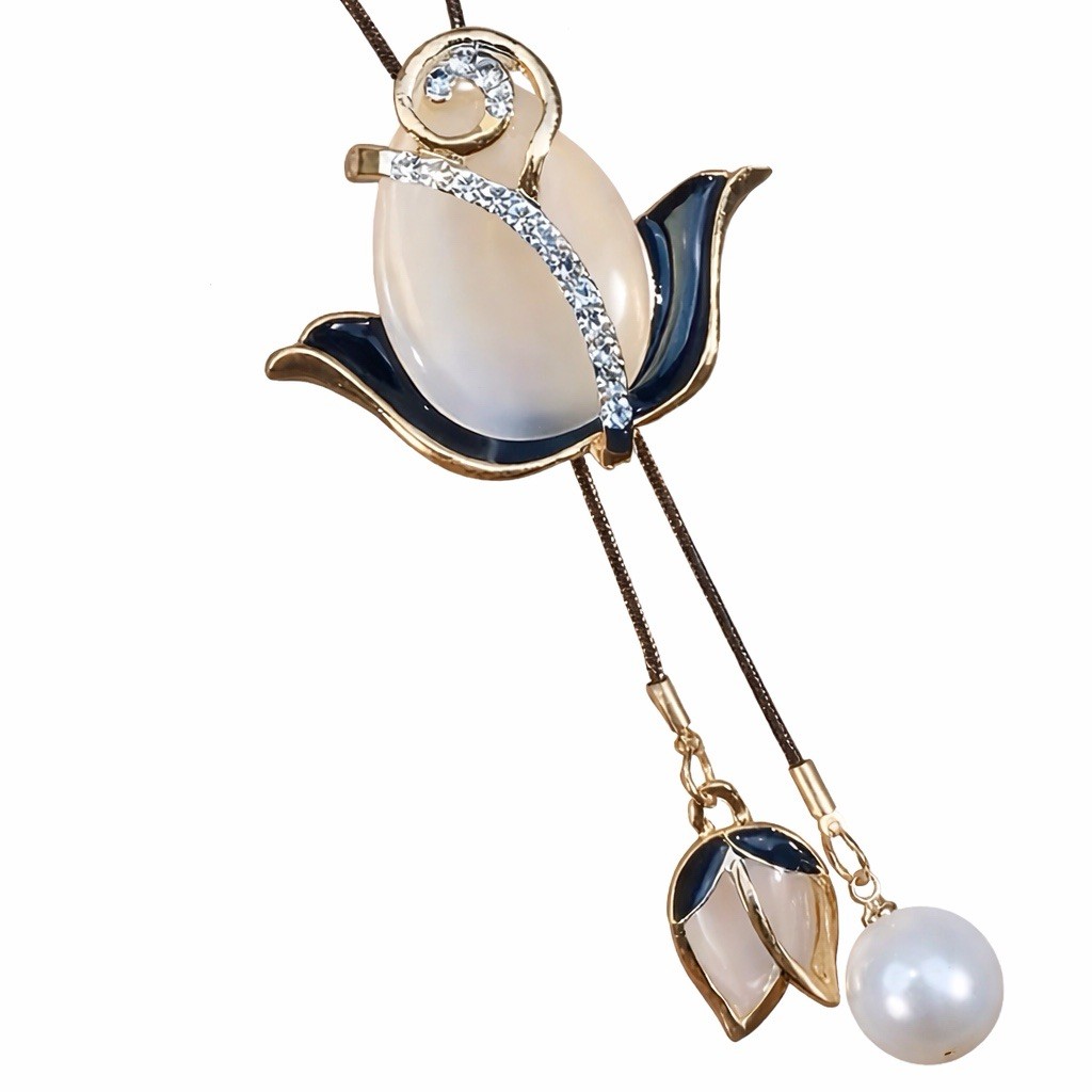 Tulip Flower Pendant Necklace Premium Crystal, Pearl,Ideal Gift Valentine’S Day