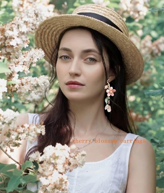 Pink Flower Dangle Earrings for Women Cute Asymmetry Small to Medium, gold