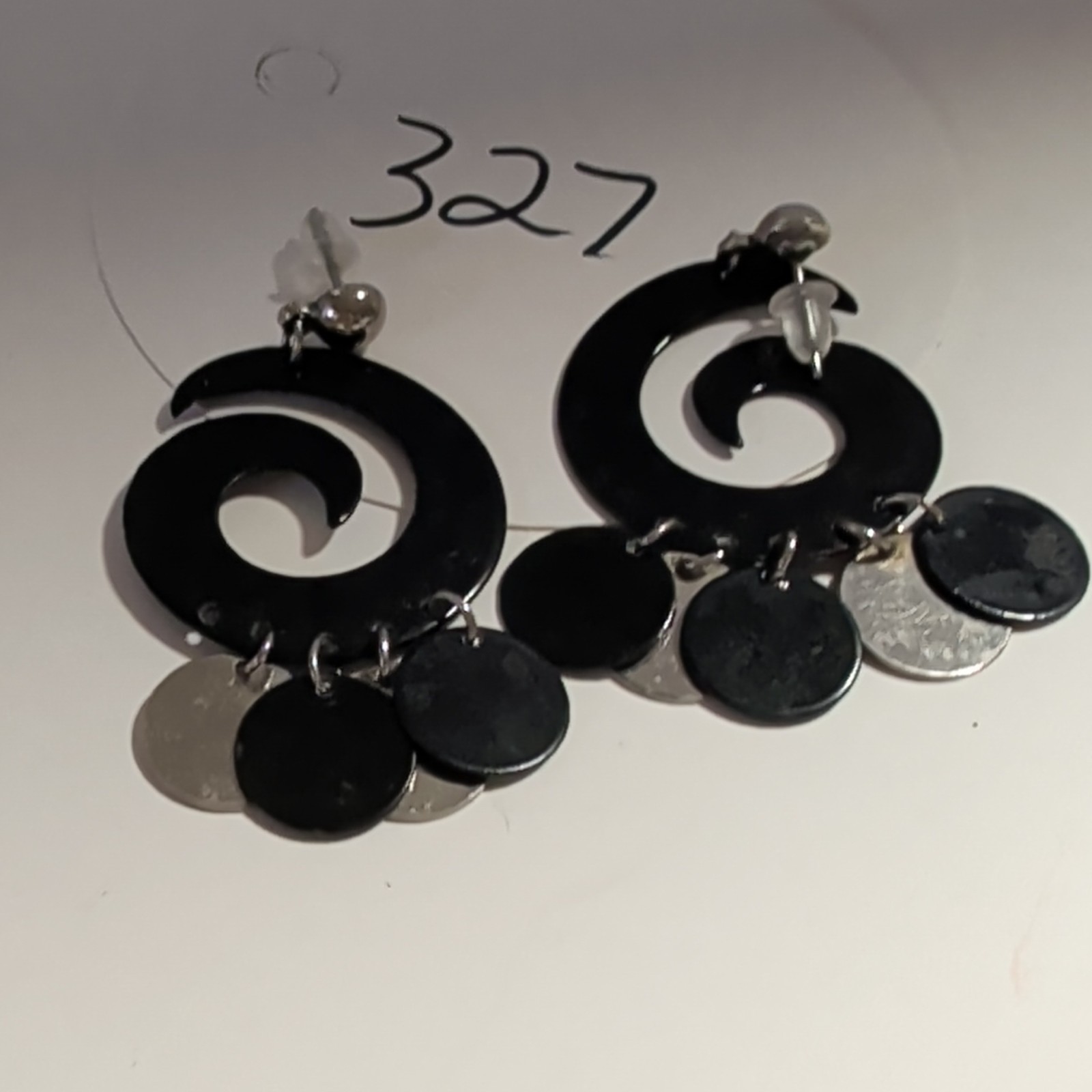 Black Swirl Dangle Drop Earrings Hook Closure Silver Tone Disc Charms