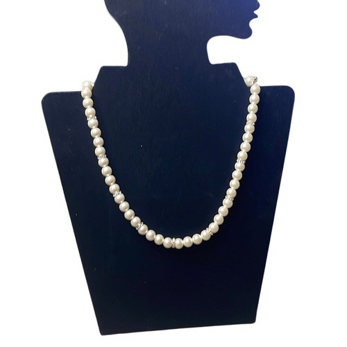 Karl Lagerfeld Classic Pearl Necklace Rhinestone Bars Silver Tone 15in + 2in Ext