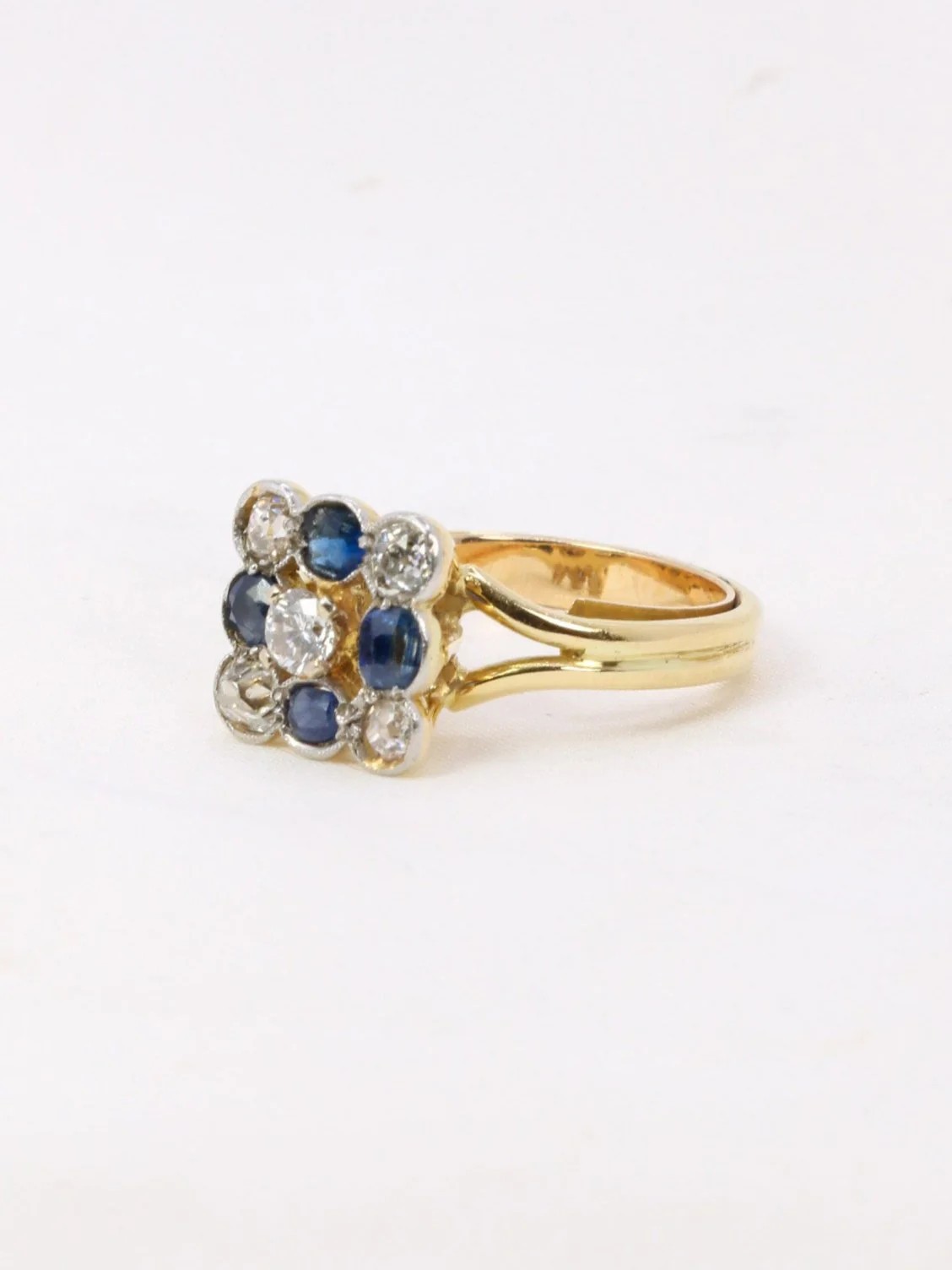 Square ring with old-cut sapphires and diamonds
