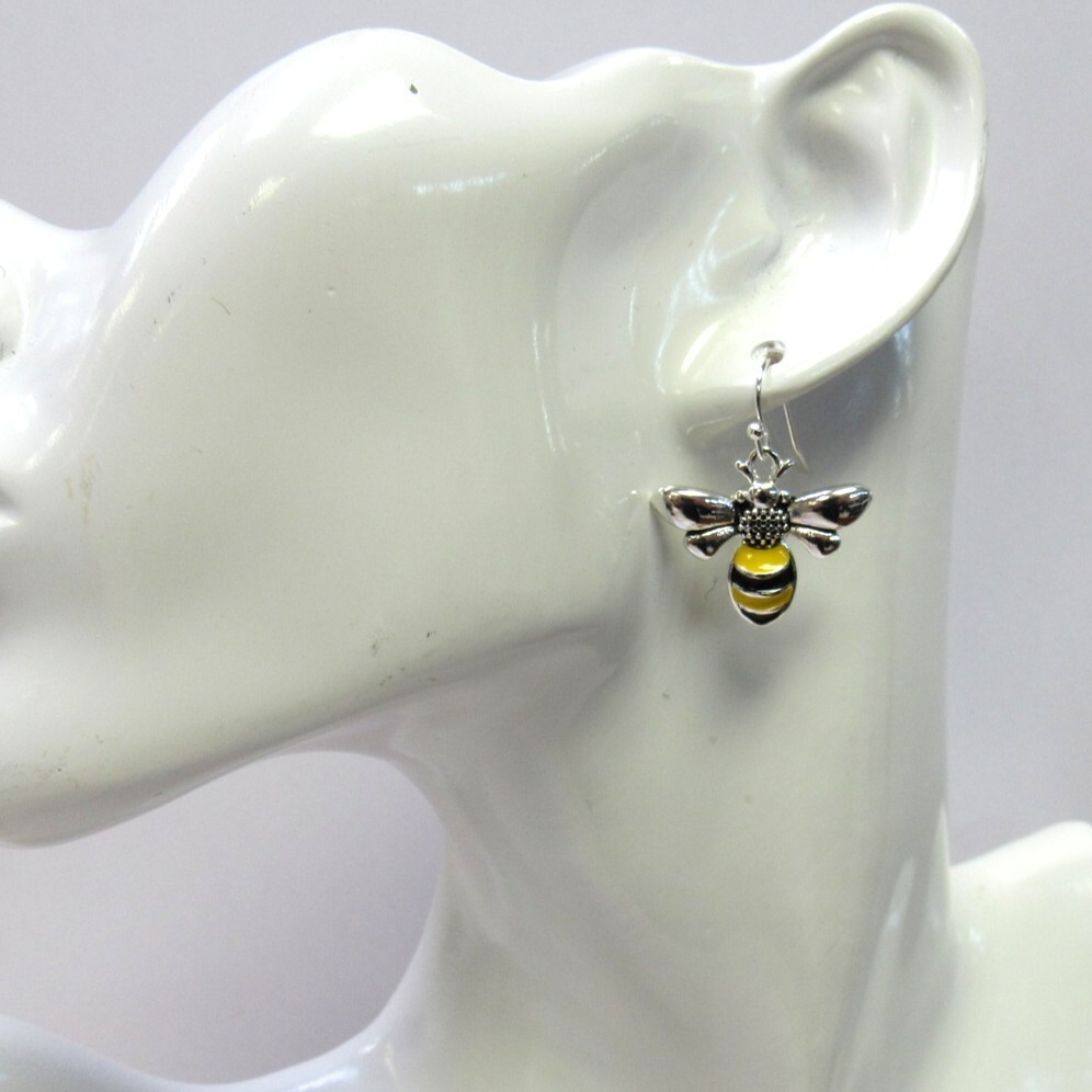 Silver Plated Black & Yellow Bumble Bee Dangle Drop Earrings #3856 New