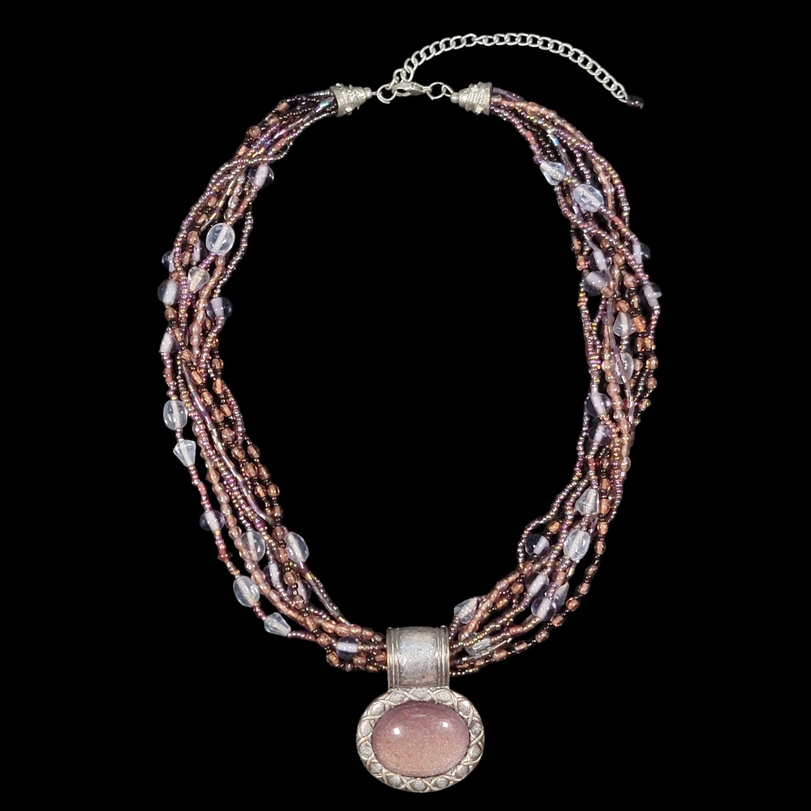 Purple Cabochon Multi Strand Beaded Statement Necklace 19″ Mauve Silver Tone